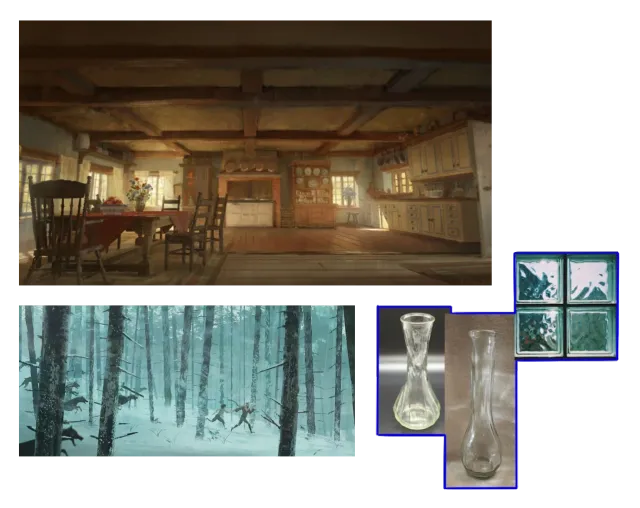 Mood board combining a warm wooden kitchen, a snowy forest scene, glass vases, and textured glass blocks.