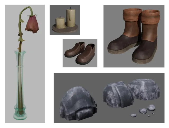 Surfacing tests showing a flower in a glass vase, candles, leather shoes and boots, and several textured rocks.
