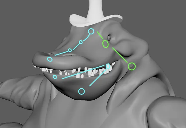 Draw-over of Alligator Capone’s face with cyan and green marks planning controls and joints.