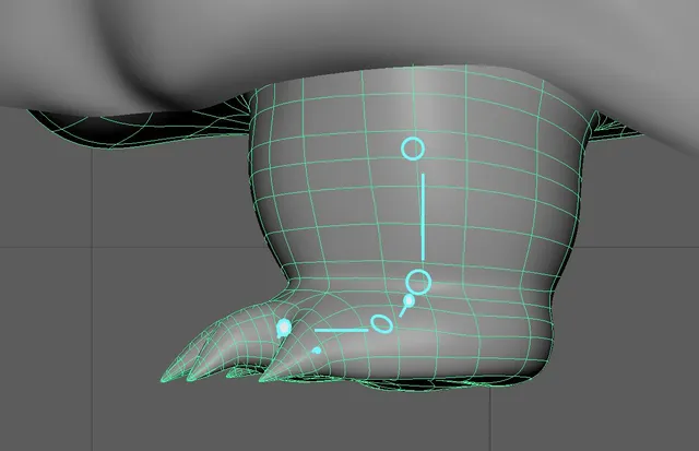 Side view of Alligator Capone’s foot with drawn joint and control positions over the model’s wireframe.