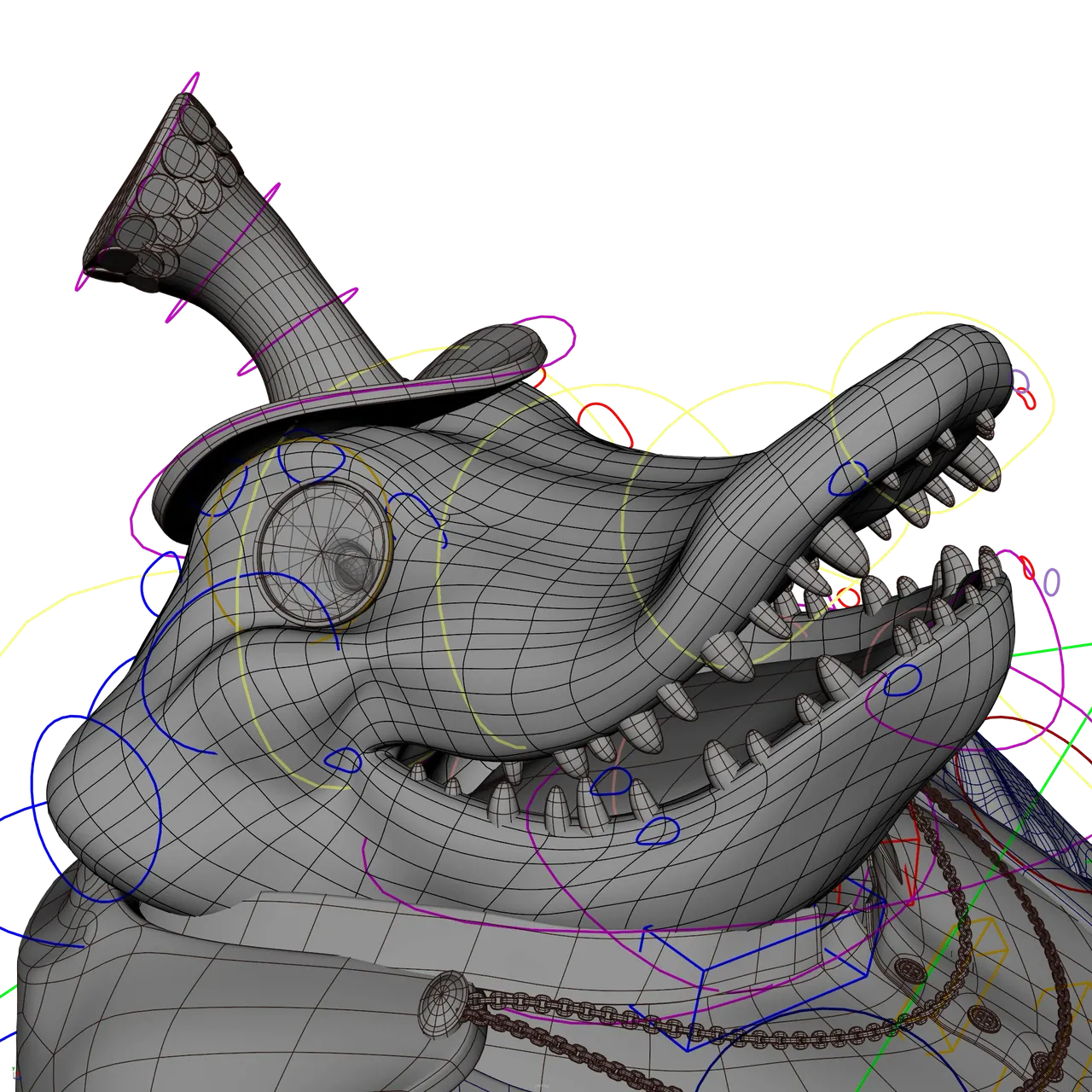 Close-up of Alligator Capone’s wireframe head with colored rig controls around the mouth, nose, eyes, and hat.