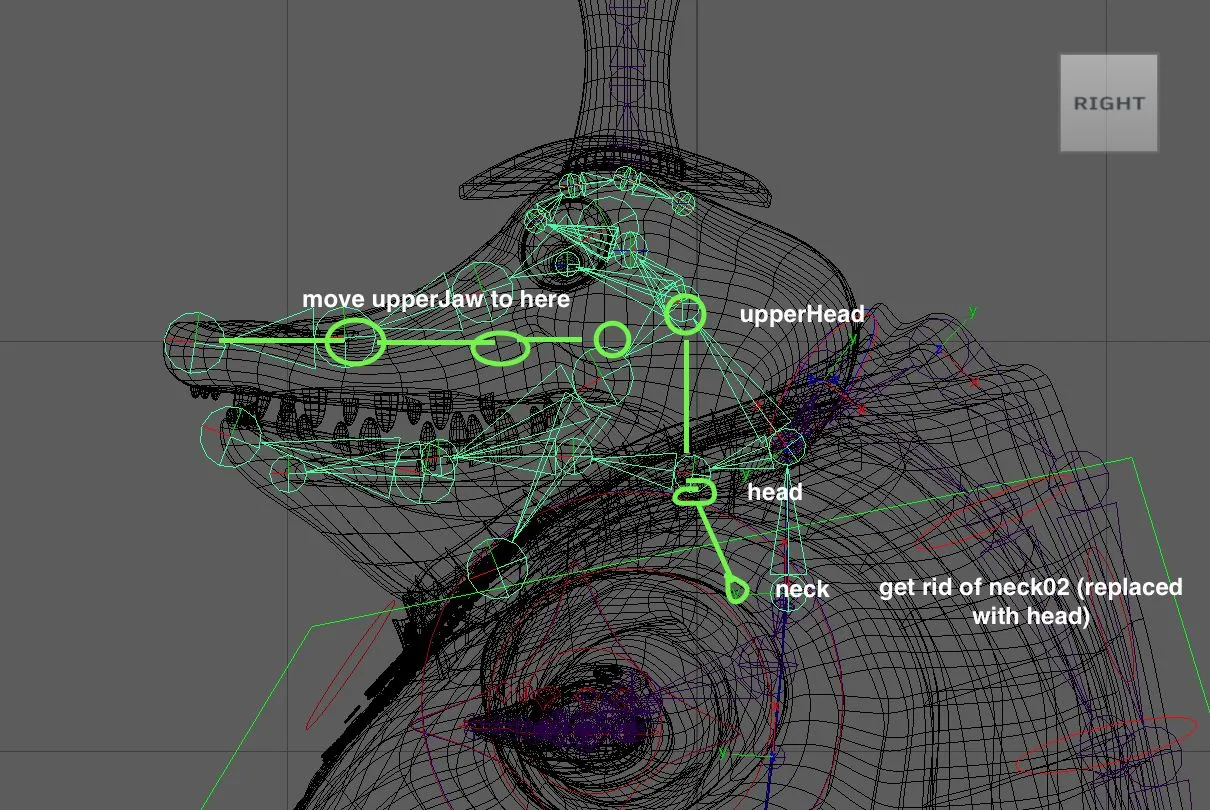 Side view of Alligator Capone’s wireframe head with annotations marking planned changes to the upper jaw, head, and neck joints.