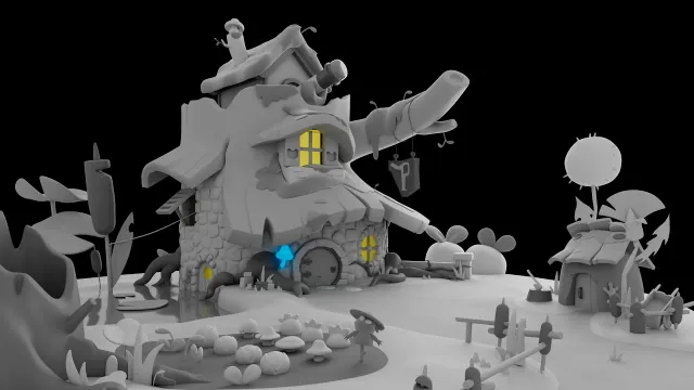 3D render of the Amphibia house exterior, built around a sculpted tree trunk with glowing windows.