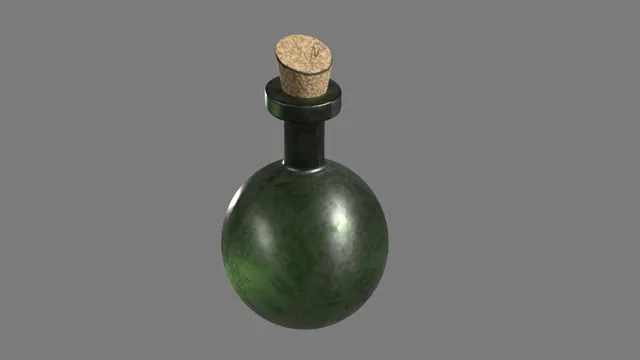 The final bottle iteration with a dark green glass surface, soft highlights, and a cork stopper.