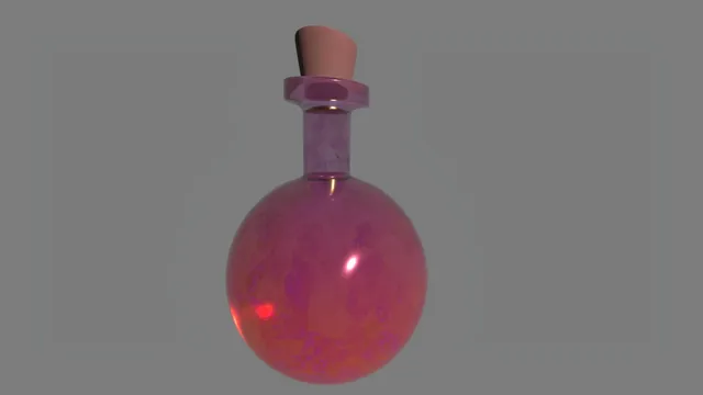 The first bottle iteration, a bright pink and purple glass bottle with a rounded base and cork stopper.
