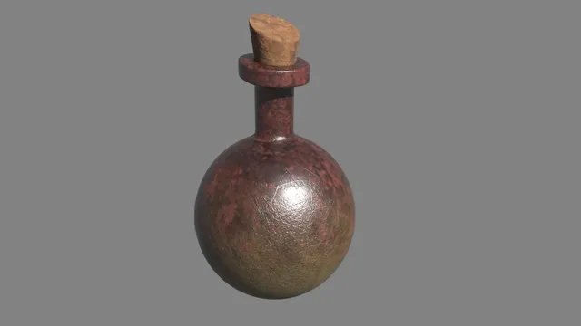 The second bottle iteration with a dark reddish-brown, scratched surface and a textured cork.