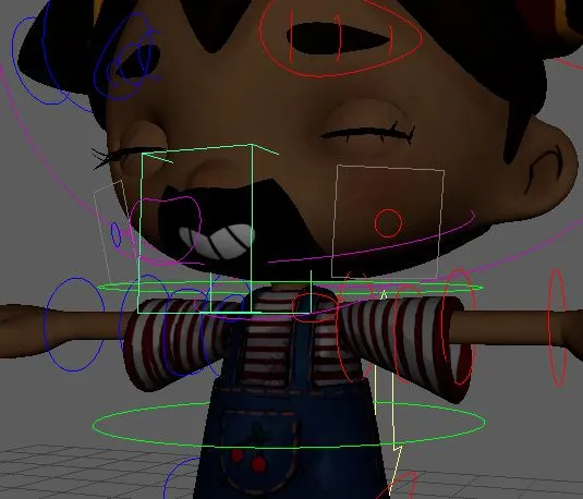 Cherry with a large open 2D mouth and colored facial and body controls in a 3D viewport.