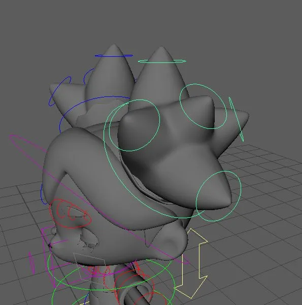 Cherry’s head and spiky ponytails in a gray 3D viewport, with circular rig controls around the hair.