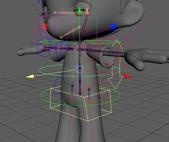 Cherry’s torso in a T-pose with spine joints and overlapping colored rig controls.