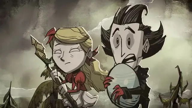 Official Don’t Starve animation artwork of two characters against a cloudy, watercolor-like background.