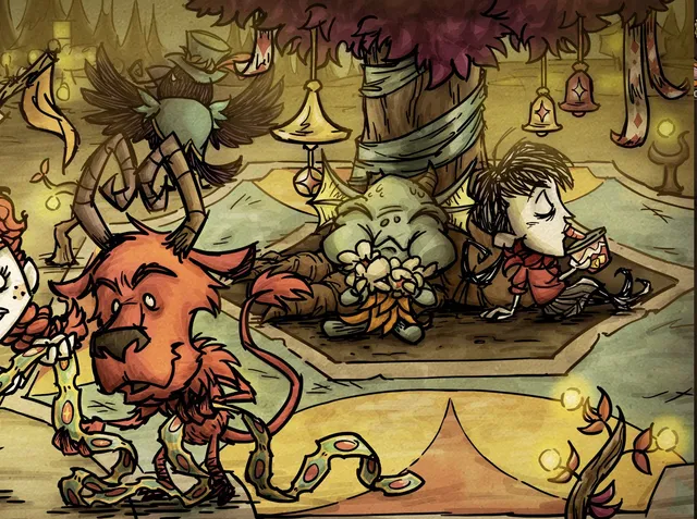 Don’t Starve reference artwork showing characters gathered around a tree in a warm yellow and brown environment.