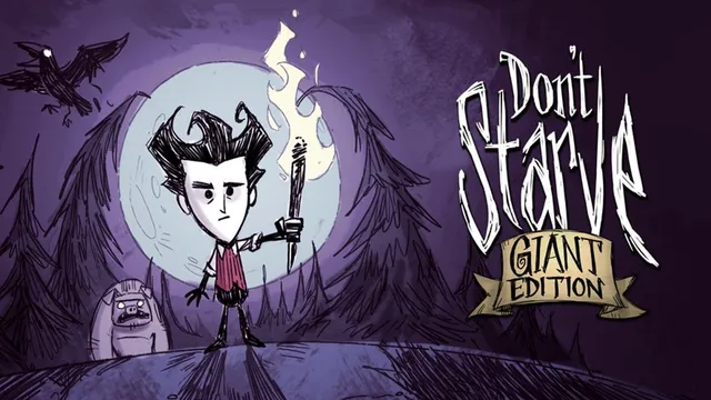 Don’t Starve promotional artwork showing a character holding a torch in a purple forest beside the Giant Edition title.