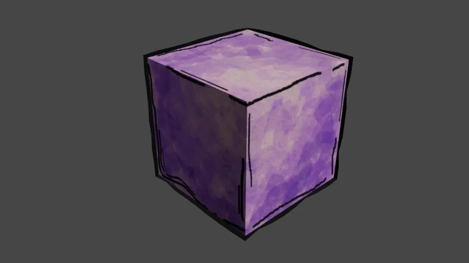 A purple 3D cube with uneven black outlines and mottled, watercolor-like color on each face.