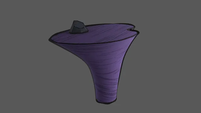 A tapered purple 3D form with black outlines and long, hand-drawn lines across its surface.