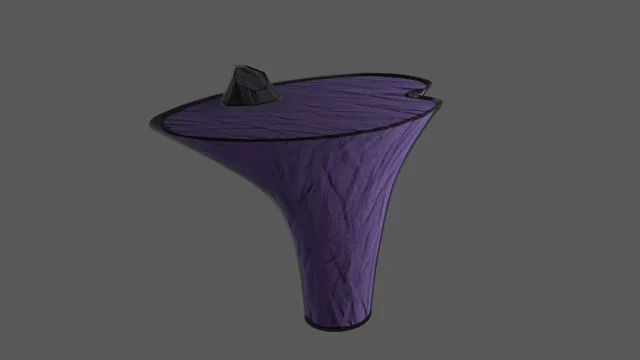 The same tapered purple form with a rougher, densely scratched texture and dark outlines.