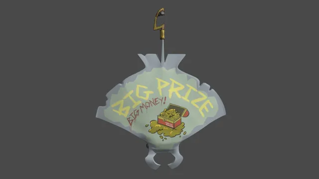 An early treasure-hunt advertisement on a torn sign, with Big Prize Big Money lettering and a treasure chest but no route map.