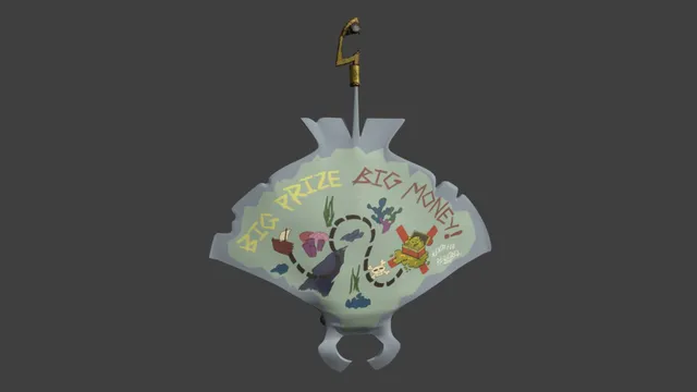 A revised treasure-hunt advertisement with a dotted route connecting a boat, coral, a sea creature, a skull, and the treasure chest.